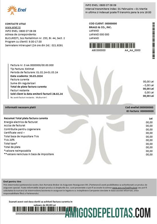 realista Modelo de comprovante de endereço de eletricidade da Enel na Romênia em formatos Word e PDF (2)